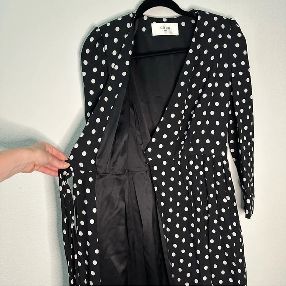 NWT CELINE Midi Wrap Polka Dot Black Dress SZ EUR 36, US 4, S - Picture 11 of 12